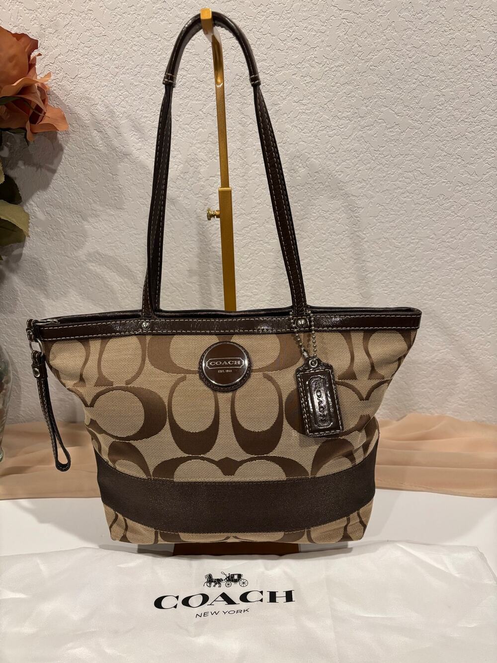 Coach Signature Stripe Tote F1026 Brown Khaki Canvas Leather Trim